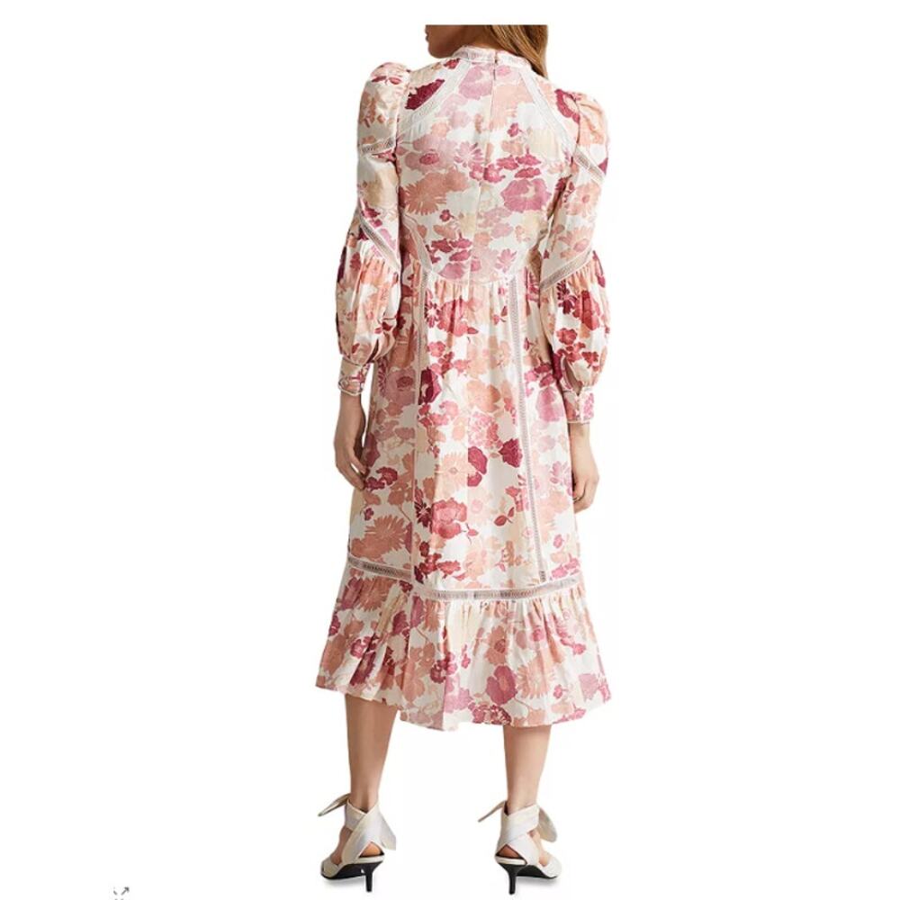 Ted Baker Denissa Linen Floral Midi Dress Pink Lace Cut Out Bishop Sleeve US 6 - Picture 3 of 15